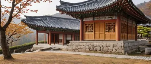 Warm museum, Korea, traditional architecture, curved eaves, tiled roof, natural stone walls, wooden accents, lantern-inspired lighting, cozy atmosphere, soft warm light, afternoon sunbeam, gentle shad