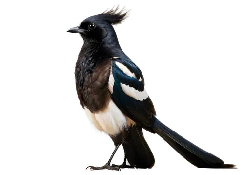 Magpie bird, solo, close-up, facial profile, shiny black feathers, white belly, long tail, sharp beak, bright inquisitive eyes, morning sunlight, soft focus background, 3/4 composition, shallow depth 