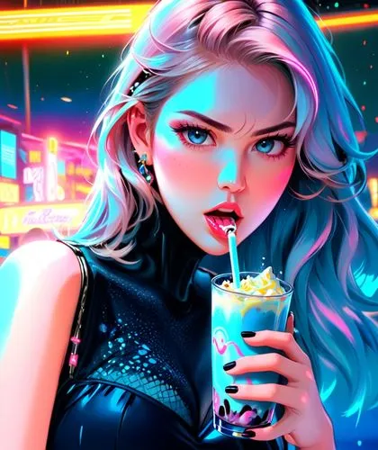 kate upton drinking milk shake, neon lights,a woman drinking and holding a glass with a drink in her hand,neon drinks,neon coffee,neon light drinks,neon tea,neon cocktails,neon ice cream,Anime,Anime,G