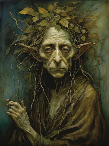 dryad,gypsywort,shamanism,forest man,shamanic,shaman,fantasy portrait,faerie,faery,anahata,the enchantress,fae,lokportrait,hag,old woman,gnarled,druid,druids,wood elf,faun,Illustration,Realistic Fantasy,Realistic Fantasy 14