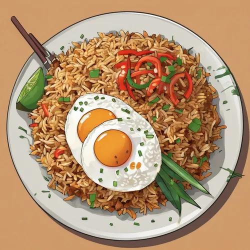 nasi goreng,rice with fried egg,rice with minced pork and fried egg,thai fried rice,yeung chow fried rice,indomie,spiced rice,fried rice,mie goreng,special fried rice,egg wrapped fried rice,kimchi fried rice,jollof rice,prawn fried rice,indonesian rice,nasi liwet,egg sunny-side up,rice dish,bibimbap,basmati rice,Illustration,Japanese style,Japanese Style 07