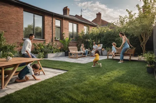 The image depicts a family enjoying a day outdoors in their backyard. There are two adults and two children playing together,with the children holding hands as they run around. The family is situated 