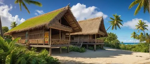 Fijian village, traditional Fijian hut, thatched roof, wooden pillars, intricate carvings, vibrant colorful decorations, tropical plants surrounding, palm trees swaying, sunny day, clear blue sky, whi