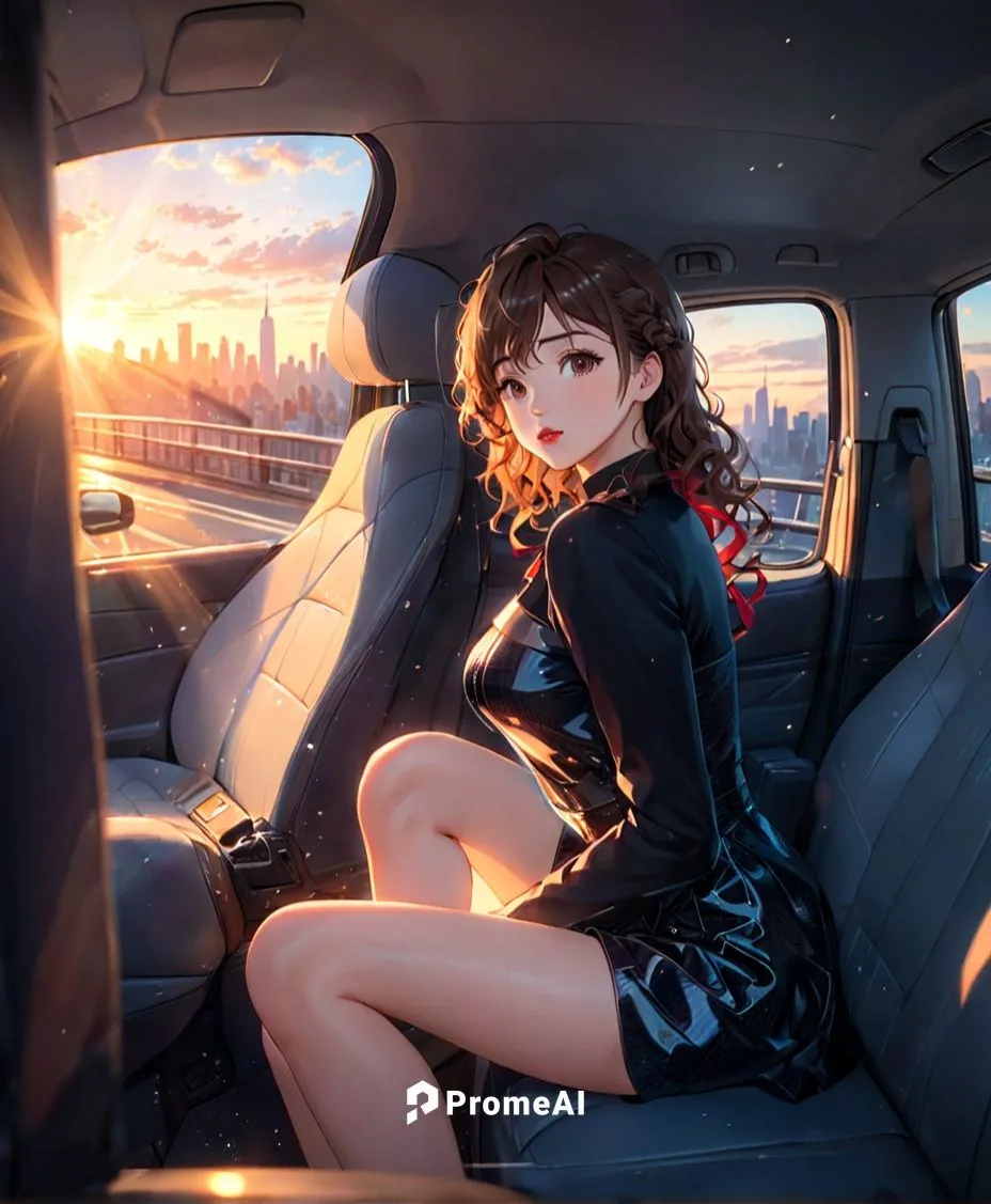 . a photography of a camera capture the full body of a beautiful caucasian girl 24 years old brown curly  hair, red lips wearing a black minidress sitting in the back seat of a luxurious car traveling