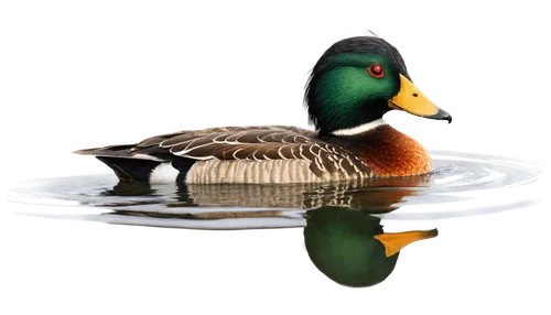 Swimming duck, calm lake, morning mist, feathers glistening with dew, orange beak, bright eyes, green head, white belly, webbed feet, ripples in water, soft sunlight, panoramic view, shallow depth of 