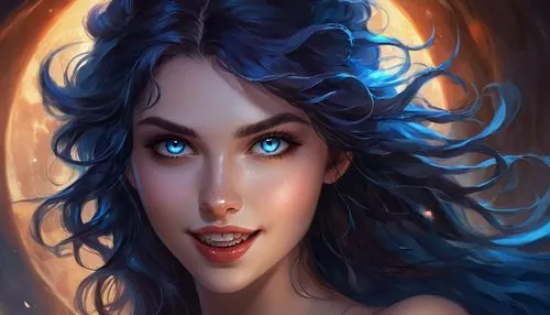 blue enchantress,fantasy portrait,karou,sorceress,megara,fantasy art,sona,morgana,fantasy woman,vampire woman,melisandre,gothel,fantasy picture,inara,blue moon rose,liliana,blue moon,selene,persephone,blue spheres,Illustration,Realistic Fantasy,Realistic Fantasy 01