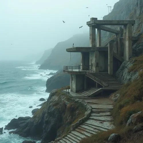 Deconstructivist architecture, coastal memorial center, solemn atmosphere, rugged cliffside, crashing waves, salty sea air, strong winds, fragmented structures, irregular shapes, fractured lines, weat