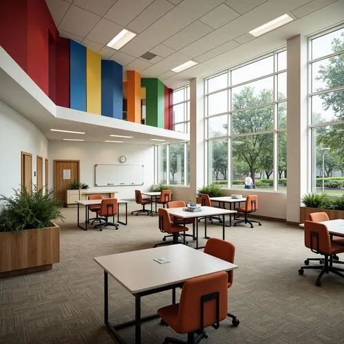 Open-plan classrooms, collaborative learning spaces, natural light-filled atriums, vibrant colored accents, modular furniture systems, interactive whiteboards, acoustic paneling, soft carpeted floors,