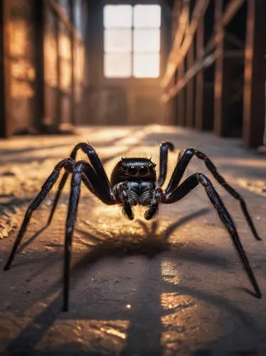 Giant 12 legged spider, eerie glowing eyes, thick black furry legs, sharp fangs, shiny dark brown body, intricate web patterns, abandoned old warehouse, dim lighting, broken crates, dusty floor, myste