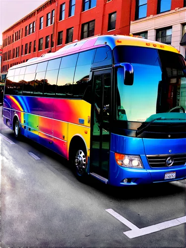 Tour bus, many windows, comfortable seats, luggage racks, shiny wheels, metallic body, bright colors, detailed headlights, side mirrors, open doors, people boarding, urban setting, morning sunlight, 3