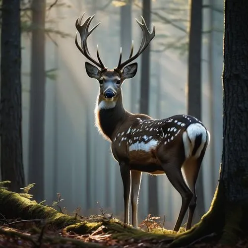 Vitiligo deer, white fur with patches of brown, gentle eyes, slender legs, majestic antlers, forest surroundings, sunlight filtering through trees, misty atmosphere, warm lighting, shallow focus, natu