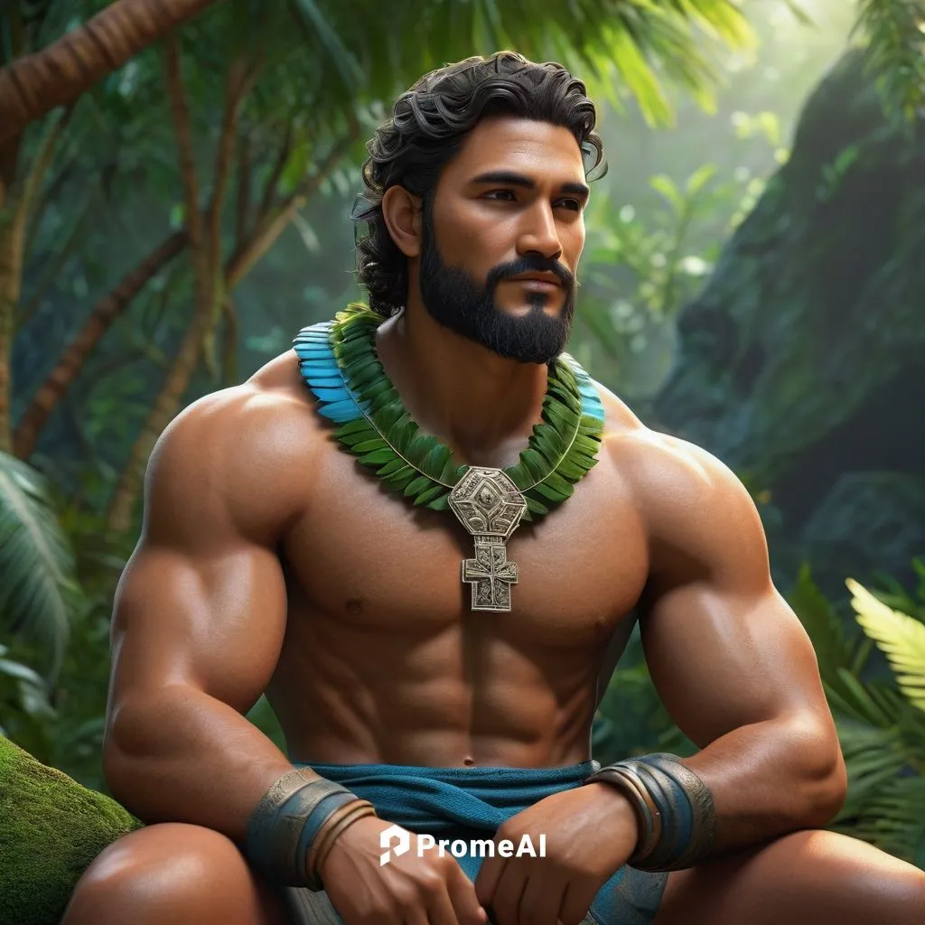 A striking 3D render of a Latino native-inspired gladiator, sitting confidently on a moss-covered rock in a lush, tropical setting. The gladiator has tanned skin, a light layer of body hair, and a gen