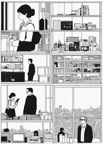 **Solution Design,the inside of a store with shelves full of items and people,storyboards,storyboard,phonogram,roughs,pixton,storyboarded,minicomic,shopgirl,satrapi,layouts,mazzuchelli,backgrounds,sto