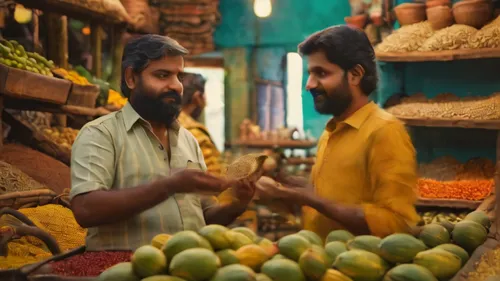 One day, Ramu met the shopkeeper Suresh and said, "I need some seeds for my fields.",spice market,vegetable market,market stall,vendors,greengrocer,fruit market,maharashtrian cuisine,market introducti