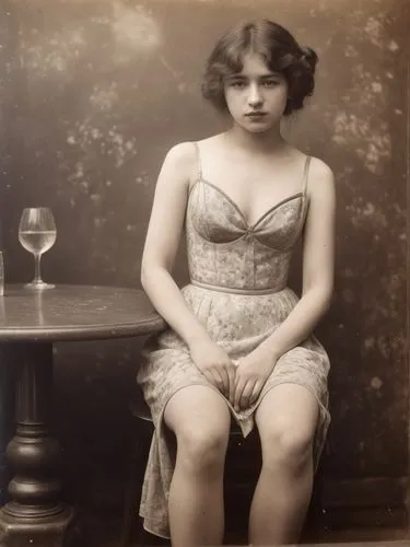 Young entertainer in a Parisian nightclub. Make the motif look like a French impressionist photograph, as if she had been photographed by Nadar.,vintage pograph of young woman with wine glass,vintage 