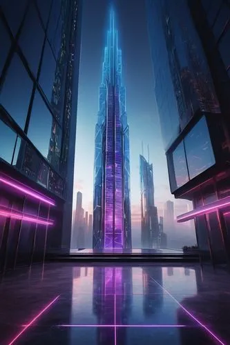 Futuristic, cyberpunk skyscraper, neon-lit cityscape, intricate metallic structure, glass facade, curved lines, geometric shapes, holographic advertisements, LED lights, robotic pedestrians, atmospher