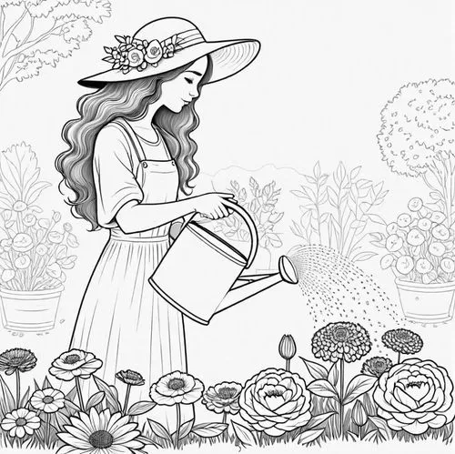 the girl watering her flowers is outlined,coloring page,picking flowers,coloring pages,gardening,bloomgarden,girl picking flowers,Design Sketch,Design Sketch,Detailed Outline