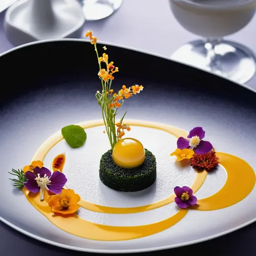 amuse,water lily plate,quail egg,mango pudding,food styling,gelatin dessert,edible flowers,catering service bern,garnish,plated food,fine dining restaurant,consommé,yolk flower,cuisine of madrid,canape,culinary art,daikon,food presentation,creme caramel,century egg,Illustration,Vector,Vector 21