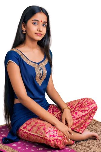 Indian teenage girl, solo, (16yo), beautiful detailed eyes, light blush, long black hair, bindi on forehead, traditional Indian clothing, colorful saree, golden jewelry, bare feet, sitting cross-legge