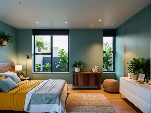 Create a airy feeling in the room, sunrise light, wall pannels behind the bed, put a bench infront of the bed,a bedroom with green walls, large windows and an oak dresser and bed with blue linens,mode