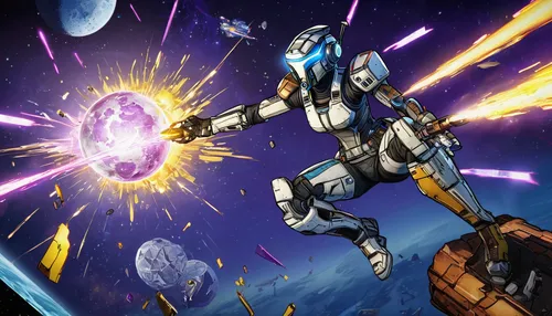 1weapon, grinder, Borderlands: The Pre-Sequel, recipe, legendary, exotic materials, glowing effects, futuristic, sci-fi, detailed textures, metallic finish, vibrant colors, sparks, action pose, charac