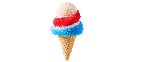 Red white and blue snow cone, colorful ice cream, triangular shape, rounded top, crunchy cone, red stripes, white swirls, blue drizzles, summer treats, close-up shot, shallow depth of field, warm ligh