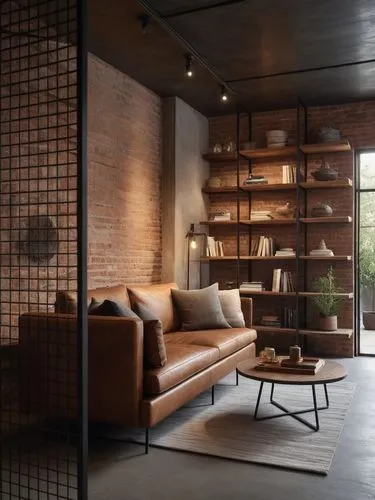 Create a series of hyper-realistic images showcasing an industrial-style interior design. The scene should prominently feature raw materials such as steel, iron, concrete, untreated wood, and exposed 