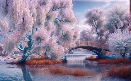 ice landscape,rainbow bridge,tied-arch bridge,snow bridge,fantasy landscape,arch bridge,winter landscape,angel bridge,scenic bridge,fantasy picture,river landscape,weeping willow,dragon bridge,love bridge,hoarfrost,bridge arch,snow landscape,winter background,winter dream,3d fantasy