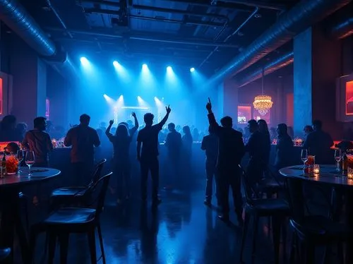 Dark nightclub interior, Prussian blue walls, ceiling, and floor, dimly lit, strobe lights flashing, DJ booth with futuristic neon lights, people dancing, hands up, colorful cocktails, glass tables, m