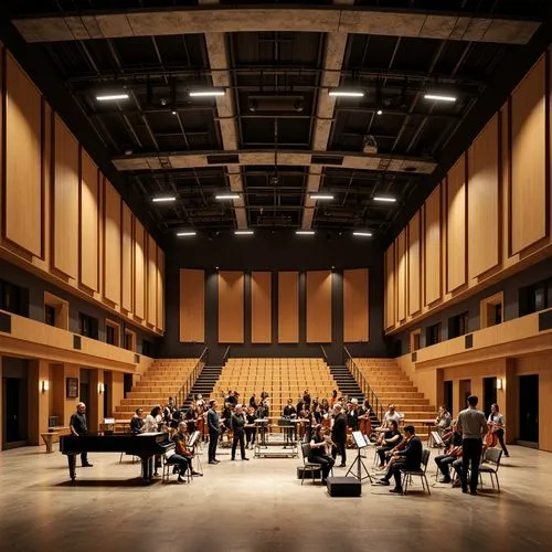 Curved auditorium walls, sound-absorbing materials, wooden acoustic panels, suspended ceilings, tiered seating, spotlights, LED stage lights, grand piano, orchestral instruments, soundboards, audio eq