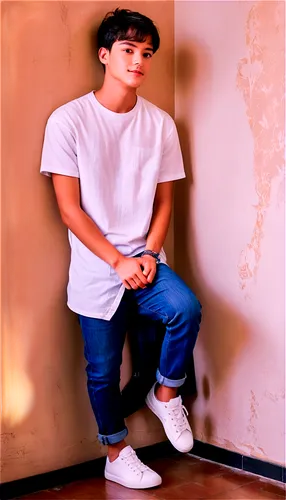 1man, young adult, handsome, solo, (20yo), short black hair, messy style, brown eyes, slight smile, white shirt, blue jeans, casual sneakers, leaning on wall, relaxed pose, natural light, shallow dept