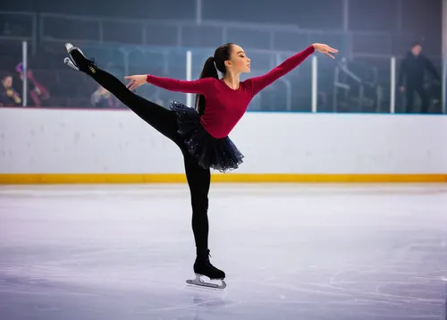 Imagine a figure skater practicing tirelessly in a dimly lit ice rink late at night, determined to perfect their routine.,figure skating,figure skater,woman free skating,figure skate,women's short pro