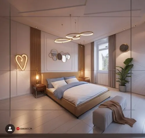 a very spacious bedroom with a nice bed and a love heart,modern room,bedroom,bedrooms,sleeping room,3d rendering,great room,Photography,General,Realistic