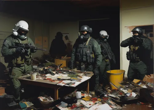 chemical disaster exercise,bandit theft,respirators,paintball equipment,airsoft,outbreak,swat,war zone,officers,jägertstand,quarantine,civil defense,task force,the cuban police,mess in the kitchen,deutsche bundespost,field training,eod,poison gas,fuze,Conceptual Art,Oil color,Oil Color 01