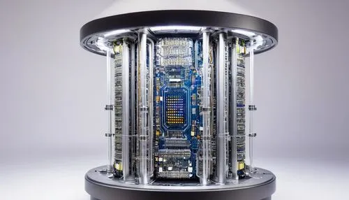 Small cell architecture, futuristic, sleek, metallic, silver, minimalist, cylindrical shape, tiny LED lights, intricate circuits, microchip details, high-tech laboratory, white background, 3/4 composi