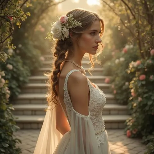 Whimsical Art Nouveau style, elegant lady, curly hair adorned with flowers, intricate braids, pearl necklace, flowing white gown, long train, delicate lace, satin fabric, subtle sheen, natural scenery