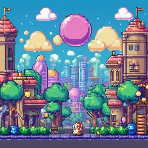 colorful city,fantasy city,pixel art,skyscraper town,bird kingdom,city corner,cityscape,fez,retro styled,platformer,pixel cells,mushroom island,taolu,aurora village,ancient city,mushroom landscape,space port,retro background,metropolis,pink city