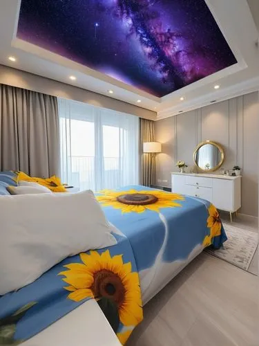 ลวดลายกาแลคซี่ปละแสงไฟที่ขอบสวยมาก,sky space concept,sky apartment,sleeping room,great room,room newborn,canopy bed,duvet cover,modern room,guest room,children's bedroom,bedding,baby room,ufo interior