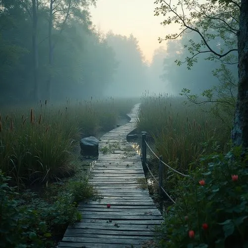 wooden path,the mystical path,wooden bridge,boardwalks,pathway,the path,forest path,appalachian trail,hiking path,boardwalk,walkway,path,marshlands,swamps,morning mist,pathways,paths,foggy landscape,the way of nature,okefenokee,Photography,General,Realistic