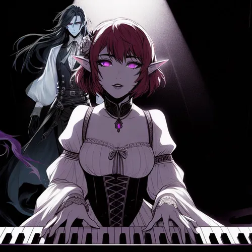 Charmed,Playing Piano,Elven Pair,Dark Anime