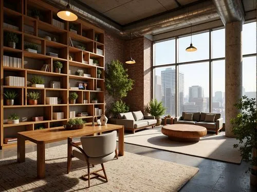 loft,lofts,modern office,apartment lounge,bookcases,apartment,living room,bookshelves,interior design,livingroom,offices,creative office,an apartment,study room,modern decor,3d rendering,shared apartment,working space,bookcase,reading room