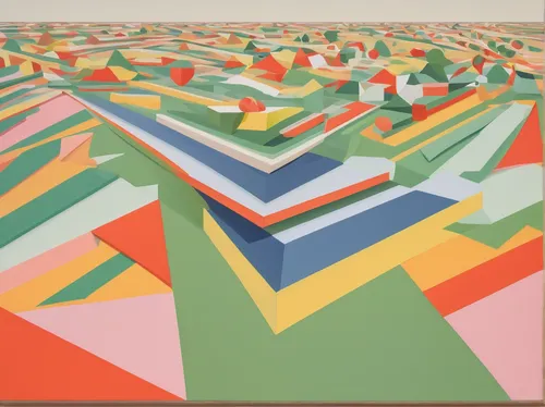 Imagine a futuristic world where people use layer nougat as a currency. Describe a market scene.,panoramical,shifting dunes,topography,low poly,virtual landscape,zigzag background,anaglyph,low-poly,ge