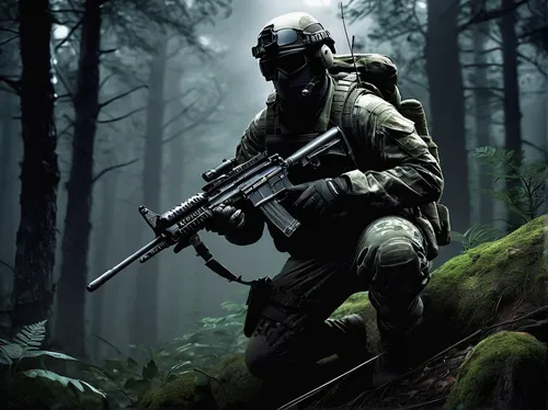 spectral figure, ghostly soldier, tactical gear, night vision goggles, camouflage face paint, stealthy posture, crouching, holding rifle, ethereal material, transparent texture, forest environment, ni