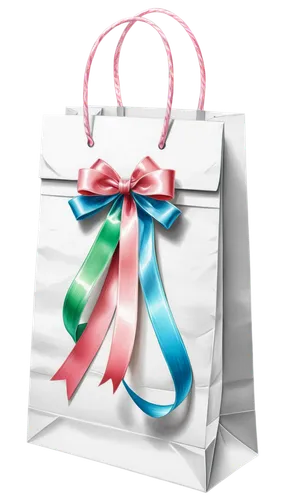 Gift bag, clip-art style, pastel colors, ribbon tied, shiny surface, crinkled paper, square shape, white background, detailed creases, soft lighting, 3/4 composition, HDR, ornate design, festive atmos