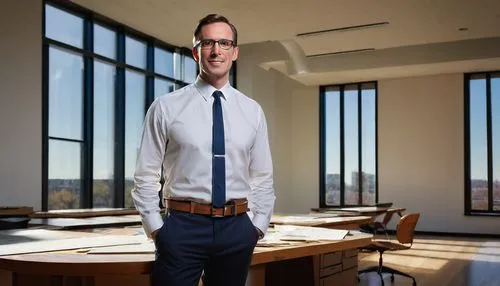 Mature male, design engineer, 35yo, strong facial features, short brown hair, black framed glasses, white shirt, rolled up sleeves, dark blue trousers, leather belt, standing, Harbard University, mode