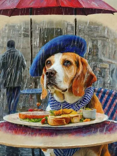 beagle,rain cats and dogs,street dog,rainy day,beaglier,raincoat,hot dog stand,basset fauve de bretagne,dog cafe,rain protection,protection from rain,basset artésien normand,bowl of fruit in rain,potcake dog,in the rain,hot dog,bacon sandwich,beagador,dog illustration,jack russel