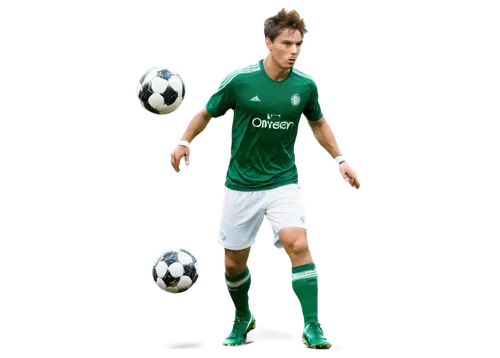 male, athletic, muscular, football player, dynamic pose, sweaty, messy short hair, bright eyes, strong facial features, white jersey, shorts, shin guards, soccer ball at feet, green grass, stadium bac