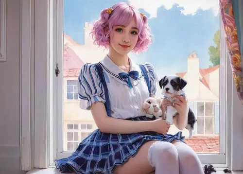 Cute puppy girl, Discord logo earrings, pastel pink hair clips, sparkly blue eyes, sweet smile, white blouse with puppy pattern, frilly miniskirt, striped thigh highs, Mary Jane shoes, holding a plush