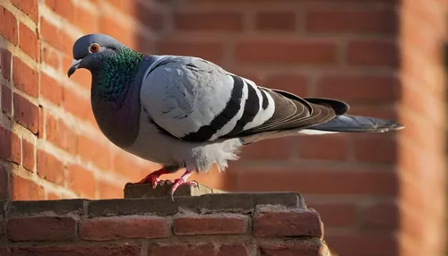 Describe a peaceful scene of a pigeon perched on a sunlit brick wall.,domestic pigeon,plumed-pigeon,homing pigeon,feral pigeon,fantail pigeon,pigeon on wall,wild pigeon,common wood pigeon,crown pigeon