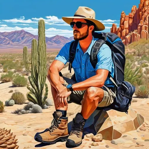 Cactus, desert tour, sunny day, clear blue sky, rocky terrain, cactus fruits, spines, detailed textures, worn hiking boots, backpack, sunglasses, hat, relaxed posture, arms crossed, leaning against ca